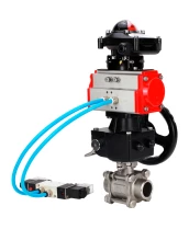 Кран шаровой DN.ru BV3232P(3pc)-FP-W-ISO-H WDVF Ду32 Ру63 полнопроходной, трехсоставной, нержавеющая сталь 316, уплотнение - PTFE, под приварку, с пневмоприводом PA-DA-052, пн.распределителем 4V320-10 220В, БКВ APL-210N, ручным дублером MON1-250-T26-ISO