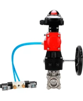 Кран шаровой DN.ru BV3232P(3pc)-FP-W-ISO-H WDVF Ду32 Ру63 полнопроходной, трехсоставной, нержавеющая сталь 316, уплотнение - PTFE, под приварку, с пневмоприводом PA-DA-052, пн.распределителем 4V320-10 220В, БКВ APL-210N, ручным дублером MON1-250-T26-ISO