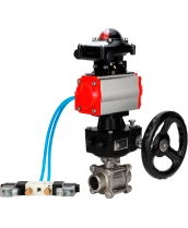 Кран шаровой DN.ru BV3232P(3pc)-FP-W-ISO-H WDVF Ду32 Ру63 полнопроходной, трехсоставной, нержавеющая сталь 316, уплотнение - PTFE, под приварку, с пневмоприводом PA-DA-052, пн.распределителем 4V320-10 220В, БКВ APL-210N, ручным дублером MON1-250-T26-ISO