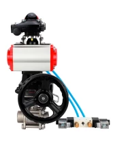 Кран шаровой DN.ru BV3232P(3pc)-FP-W-ISO-H WDVF Ду32 Ру63 полнопроходной, трехсоставной, нержавеющая сталь 316, уплотнение - PTFE, под приварку, с пневмоприводом PA-DA-052, пн.распределителем 4V320-10 220В, БКВ APL-210N, ручным дублером MON1-250-T26-ISO