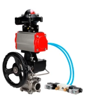 Кран шаровой DN.ru BV3232P(3pc)-FP-W-ISO-H WDVF Ду32 Ру63 полнопроходной, трехсоставной, нержавеющая сталь 316, уплотнение - PTFE, под приварку, с пневмоприводом PA-DA-052, пн.распределителем 4V320-10 220В, БКВ APL-210N, ручным дублером MON1-250-T26-ISO