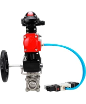 Кран шаровой DN.ru BV3232P(3pc)-FP-W-ISO-H WDVF Ду32 Ру63 полнопроходной, трехсоставной, нержавеющая сталь 316, уплотнение - PTFE, под приварку, с пневмоприводом PA-DA-052, пн.распределителем 4V320-10 220В, БКВ APL-210N, ручным дублером MON1-250-T26-ISO