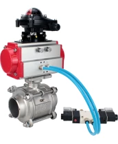 Кран шаровой DN.ru BV3232P(3pc)-FP-W-ISO-H WDVF Ду15 Ру63 полнопроходной, трехсоставной, корпус - нержавеющая сталь 316, уплотнение - PTFE, под приварку, с пневмоприводом PA-SA-065, пневмораспределителем 4V320-10 220В, БКВ APL-210N