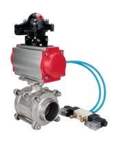Кран шаровой DN.ru BV3232P(3pc)-FP-W-ISO-H WDVF Ду40 Ру40 полнопроходной, трехсоставной, корпус - нержавеющая сталь 316, уплотнение - PTFE, под приварку, с пневмоприводом PA-SA-105, пневмораспределителем 4V320-08 220В, БКВ APL-210N