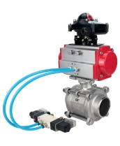 Кран шаровой DN.ru BV3232P(3pc)-FP-W-ISO-H WDVF Ду40 Ру40 полнопроходной, трехсоставной, корпус - нержавеющая сталь 316, уплотнение - PTFE, под приварку, с пневмоприводом PA-SA-105, пневмораспределителем 4V320-08 220В, БКВ APL-210N