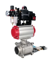 Кран шаровой DN.ru BV3232P(3pc)-FP-W-ISO-H WDVF Ду40 Ру40 полнопроходной, трехсоставной, корпус - нержавеющая сталь 316, уплотнение - PTFE, под приварку, с пневмоприводом PA-SA-105, пневмораспределителем 4V320-10 220В, БКВ APL-410N EX, БПВ AFC2000