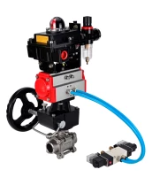 Кран шаровой DN.ru BV3232P(3pc)-FP-W-ISO-H WDVF Ду40 Ру40 полнопроходной, трехсоставной, нерж. сталь 316, PTFE, под приварку, с пн.приводом PA-DA-065, пн.распределителем 4V320-08 220В, БКВ APL-410N EX, руч. дублером MON1-250-T26-ISO, БПВ AFC2000