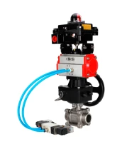 Кран шаровой DN.ru BV3232P(3pc)-FP-W-ISO-H WDVF Ду25 Ру63 полнопроходной, трехсоставной, нерж. сталь 316, уплотнение - PTFE, под приварку, с пневмоприводом PA-DA-052, пн.распределителем 4V320-08 220В, БКВ APL-410N EX, ручным дублером MON1-250-T26-ISO