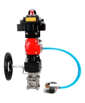 Кран шаровой DN.ru BV3232P(3pc)-FP-W-ISO-H WDVF Ду25 Ру63 полнопроходной, трехсоставной, нерж. сталь 316, уплотнение - PTFE, под приварку, с пневмоприводом PA-DA-052, пн.распределителем 4V320-08 220В, БКВ APL-410N EX, ручным дублером MON1-250-T26-ISO