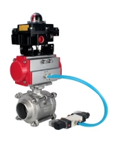 Кран шаровой DN.ru BV3232P(3pc)-FP-W-ISO-H WDVF Ду40 Ру40 полнопроходной, трехсоставной, корпус - нержавеющая сталь 316, уплотнение - PTFE, под приварку, с пневмоприводом PA-SA-105, пневмораспределителем 4V320-08 220В, БКВ APL-410N EX