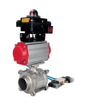 Кран шаровой DN.ru BV3232P(3pc)-FP-W-ISO-H WDVF Ду40 Ру40 полнопроходной, трехсоставной, корпус - нержавеющая сталь 316, уплотнение - PTFE, под приварку, с пневмоприводом PA-SA-105, пневмораспределителем 4V320-08 220В, БКВ APL-410N EX