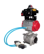 Кран шаровой DN.ru BV3232P(3pc)-FP-W-ISO-H WDVF Ду40 Ру40 полнопроходной, трехсоставной, корпус - нержавеющая сталь 316, уплотнение - PTFE, под приварку, с пневмоприводом PA-SA-105, пневмораспределителем 4V320-08 220В, БКВ APL-410N EX