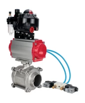 Кран шаровой DN.ru BV3232P(3pc)-FP-W-ISO-H WDVF Ду40 Ру40 полнопроходной, трехсоставной, корпус - нержавеющая сталь 316, уплотнение - PTFE, под приварку, с пневмоприводом PA-SA-105, пневмораспределителем 4V320-08 220В, БКВ APL-510N EX, БПВ AFC2000