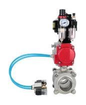 Кран шаровой DN.ru BV3232P(3pc)-FP-W-ISO-H WDVF Ду40 Ру40 полнопроходной, трехсоставной, корпус - нержавеющая сталь 316, уплотнение - PTFE, под приварку, с пневмоприводом PA-SA-105, пневмораспределителем 4V320-08 220В, БКВ APL-510N EX, БПВ AFC2000