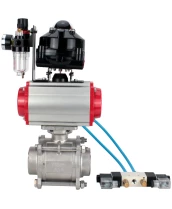 Кран шаровой DN.ru BV3232P(3pc)-FP-W-ISO-H WDVF Ду40 Ру40 полнопроходной, трехсоставной, корпус - нержавеющая сталь 316, уплотнение - PTFE, под приварку, с пневмоприводом PA-SA-105, пневмораспределителем 4V320-08 220В, БКВ APL-510N EX, БПВ AFC2000