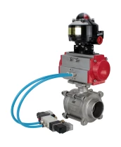 Кран шаровой DN.ru BV3232P(3pc)-FP-W-ISO-H WDVF Ду15 Ру63 полнопроходной, трехсоставной, корпус - нержавеющая сталь 316, уплотнение - PTFE, под приварку, с пневмоприводом PA-SA-065, пневмораспределителем 4V320-10 220В, БКВ APL-510N EX