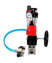 Кран шаровой DN.ru BV3232P(3pc)-FP-W-ISO-H WDVF Ду25 Ру63 полнопроходной, трехсоставной, нержавеющая сталь 316, уплотнение - PTFE, под приварку, с пневмоприводом PA-DA-052, пн.распределителем 4V320-10 220В, ручным дублером MON1-250-T26-ISO, БПВ AFC2000