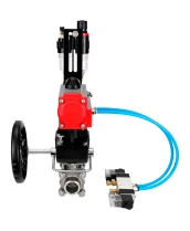 Кран шаровой DN.ru BV3232P(3pc)-FP-W-ISO-H WDVF Ду25 Ру63 полнопроходной, трехсоставной, нержавеющая сталь 316, уплотнение - PTFE, под приварку, с пневмоприводом PA-DA-052, пн.распределителем 4V320-10 220В, ручным дублером MON1-250-T26-ISO, БПВ AFC2000