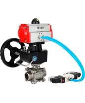 Кран шаровой DN.ru BV3232P(3pc)-FP-W-ISO-H WDVF Ду40 Ру40 полнопроходной, трехсоставной, корпус - нержавеющая сталь 316, уплотнение - PTFE, под приварку, с пневмоприводом PA-DA-065, пневмораспределителем 4V320-08 220В, ручным дублером MON1-250-T26-ISO