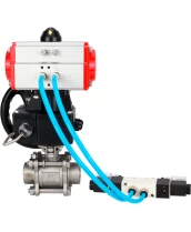 Кран шаровой DN.ru BV3232P(3pc)-FP-W-ISO-H WDVF Ду32 Ру63 полнопроходной, трехсоставной, корпус - нержавеющая сталь 316, уплотнение - PTFE, под приварку, с пневмоприводом PA-DA-052, пневмораспределителем 4V320-10 220В, ручным дублером MON1-250-T26-ISO