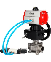 Кран шаровой DN.ru BV3232P(3pc)-FP-W-ISO-H WDVF Ду32 Ру63 полнопроходной, трехсоставной, корпус - нержавеющая сталь 316, уплотнение - PTFE, под приварку, с пневмоприводом PA-DA-052, пневмораспределителем 4V320-10 220В, ручным дублером MON1-250-T26-ISO