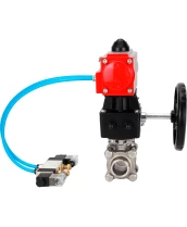 Кран шаровой DN.ru BV3232P(3pc)-FP-W-ISO-H WDVF Ду32 Ру63 полнопроходной, трехсоставной, корпус - нержавеющая сталь 316, уплотнение - PTFE, под приварку, с пневмоприводом PA-DA-052, пневмораспределителем 4V320-10 220В, ручным дублером MON1-250-T26-ISO