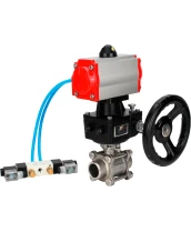 Кран шаровой DN.ru BV3232P(3pc)-FP-W-ISO-H WDVF Ду32 Ру63 полнопроходной, трехсоставной, корпус - нержавеющая сталь 316, уплотнение - PTFE, под приварку, с пневмоприводом PA-DA-052, пневмораспределителем 4V320-10 220В, ручным дублером MON1-250-T26-ISO