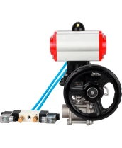 Кран шаровой DN.ru BV3232P(3pc)-FP-W-ISO-H WDVF Ду32 Ру63 полнопроходной, трехсоставной, корпус - нержавеющая сталь 316, уплотнение - PTFE, под приварку, с пневмоприводом PA-DA-052, пневмораспределителем 4V320-10 220В, ручным дублером MON1-250-T26-ISO