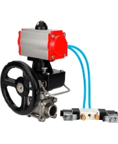 Кран шаровой DN.ru BV3232P(3pc)-FP-W-ISO-H WDVF Ду32 Ру63 полнопроходной, трехсоставной, корпус - нержавеющая сталь 316, уплотнение - PTFE, под приварку, с пневмоприводом PA-DA-052, пневмораспределителем 4V320-10 220В, ручным дублером MON1-250-T26-ISO