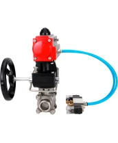 Кран шаровой DN.ru BV3232P(3pc)-FP-W-ISO-H WDVF Ду32 Ру63 полнопроходной, трехсоставной, корпус - нержавеющая сталь 316, уплотнение - PTFE, под приварку, с пневмоприводом PA-DA-052, пневмораспределителем 4V320-10 220В, ручным дублером MON1-250-T26-ISO