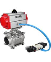 Кран шаровой DN.ru BV3232P(3pc)-FP-W-ISO-H WDVF Ду40 Ру40 полнопроходной, трехсоставной, корпус - нержавеющая сталь 316, уплотнение - PTFE, под приварку, с пневмоприводом PA-SA-105, пневмораспределителем 4V320-10 220В
