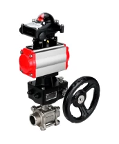 Кран шаровой DN.ru BV3232P(3pc)-FP-W-ISO-H WDVF Ду32 Ру63 полнопроходной, трехсоставной, корпус - нержавеющая сталь 316, уплотнение - PTFE, под приварку, с пневмоприводом PA-DA-052, БКВ APL-210N, ручным дублером MON1-250-T26-ISO