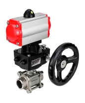 Кран шаровой DN.ru BV3232P(3pc)-FP-W-ISO-H WDVF Ду32 Ру63 полнопроходной, трехсоставной, корпус - нержавеющая сталь 316, уплотнение - PTFE, под приварку, с пневмоприводом PA-DA-052, ручным дублером MON1-250-T26-ISO
