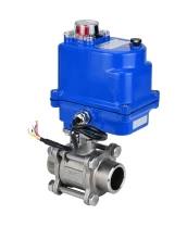 Кран шаровой DN.ru BV3232P(3pc)-FP-W-ISO-H WDVF Ду25 Ру63 полнопроходной, трехсоставной, корпус - нержавеющая сталь 316, уплотнение - PTFE, под приварку, с 1/4-оборотным электроприводом DN.ru QT-N-003EM-O1-220VAC-У1 blue