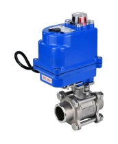 Кран шаровой DN.ru BV3232P(3pc)-FP-W-ISO-H WDVF Ду25 Ру63 полнопроходной, трехсоставной, корпус - нержавеющая сталь 316, уплотнение - PTFE, под приварку, с 1/4-оборотным электроприводом DN.ru QT-N-003EM-O1-220VAC-У1 blue