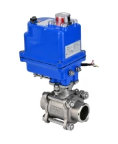 Кран шаровой DN.ru BV3232P(3pc)-FP-W-ISO-H WDVF Ду25 Ру63 полнопроходной, трехсоставной, корпус - нержавеющая сталь 316, уплотнение - PTFE, под приварку, с 1/4-оборотным электроприводом DN.ru QT-N-003EM-O1-220VAC-У1 blue