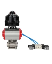 Кран шаровой DN.ru BV3232P(3pc)-FP-W-ISO-H Ду10 Ру63 под приварку, полнопроходной, корпус - нержавеющая сталь SS316, уплотнение - PTFE, с пн.приводом DN.ru PA-DA-052 пн.распределителем 4V320-08 БКВ APL-510N-EX