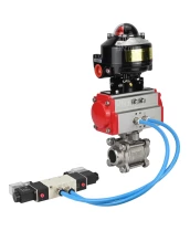 Кран шаровой DN.ru BV3232P(3pc)-FP-W-ISO-H Ду10 Ру63 под приварку, полнопроходной, корпус - нержавеющая сталь SS316, уплотнение - PTFE, с пн.приводом DN.ru PA-DA-052 пн.распределителем 4V320-08 БКВ APL-510N-EX