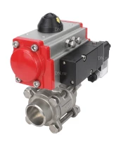 Кран шаровой DN.ru BV3232P(3pc)-FP-W-ISO-H Ду50 Ру40 полнопроходной двухходовой, нержавеющая сталь SS316, под приварку, уплотнение - PTFE, с пневмоприводом PA-SA-105 с возвратными пружинами, с пневмораспределителем 4M310-08 24В