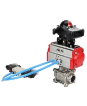 Кран шаровой DN.ru BV3232P(3pc)-FP-W-ISO-H Ду10 Ру63, полнопроходной под приварку, нержавеющая сталь SS316, уплотнение - PTFE, с пневмоприводом PA-DA-052 двойного действия, с пневмораспределителем 4V320-08 220В, с БКВ APL-210N