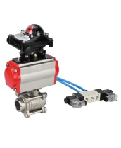 Кран шаровой DN.ru BV3232P(3pc)-FP-W-ISO-H Ду50 Ру40, полнопроходной под приварку, нержавеющая сталь SS316, уплотнение - PTFE, с пневмоприводом PA-SA-105 с возвратными пружинами, с пневмораспределителем 4V320-10 220В, с БКВ APL-210N