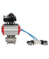 Кран шаровой DN.ru BV3232P(3pc)-FP-W-ISO-H Ду50 Ру40, полнопроходной под приварку, нержавеющая сталь SS316, уплотнение - PTFE, с пневмоприводом PA-SA-105 с возвратными пружинами, с пневмораспределителем 4V320-10 220В, с БКВ APL-210N