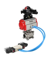 Кран шаровой DN.ru BV3232P(3pc)-FP-W-ISO-H Ду50 Ру40, полнопроходной под приварку, нержавеющая сталь SS316, уплотнение - PTFE, с пневмоприводом PA-SA-105 с возвратными пружинами, с пневмораспределителем 4V320-10 220В, с БКВ APL-210N