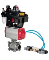 Кран шаровой DN.ru BV3232P(3pc)-FP-W-ISO-H Ду25 Ру63, полнопроходной под приварку, нержавеющая сталь SS316, уплотнение - PTFE, с пневмоприводом PA-DA-052 двойного действия, с пневмораспределителем 4V320-10 220В, с БКВ APL-410N EX, с БПВ AFC2000