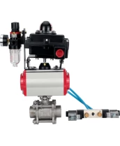 Кран шаровой DN.ru BV3232P(3pc)-FP-W-ISO-H Ду25 Ру63, полнопроходной под приварку, нержавеющая сталь SS316, уплотнение - PTFE, с пневмоприводом PA-DA-052 двойного действия, с пневмораспределителем 4V320-10 220В, с БКВ APL-410N EX, с БПВ AFC2000