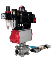 Кран шаровой DN.ru BV3232P(3pc)-FP-W-ISO-H Ду25 Ру63, полнопроходной под приварку, нержавеющая сталь SS316, уплотнение - PTFE, с пневмоприводом PA-DA-052 двойного действия, с пневмораспределителем 4V320-10 220В, с БКВ APL-410N EX, с БПВ AFC2000