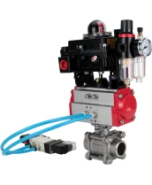 Кран шаровой DN.ru BV3232P(3pc)-FP-W-ISO-H Ду25 Ру63, полнопроходной под приварку, нержавеющая сталь SS316, уплотнение - PTFE, с пневмоприводом PA-DA-052 двойного действия, с пневмораспределителем 4V320-10 220В, с БКВ APL-410N EX, с БПВ AFC2000