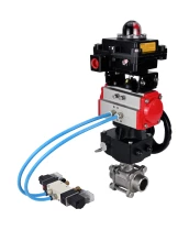 Кран шаровой DN.ru BV3232P(3pc)-FP-W-ISO-H Ду10 Ру63, полнопроходной под приварку, нержавеющая сталь SS316, PTFE, с пневмоприводом PA-DA-052 двойного действия, с пневмораспределителем 4V320-08 220В, с БКВ APL-410N EX, с ручным дублером MON1-250-T26-ISO