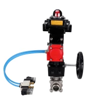 Кран шаровой DN.ru BV3232P(3pc)-FP-W-ISO-H Ду25 Ру63, полнопроходной под приварку, нержавеющая сталь SS316, PTFE, с пневмоприводом PA-DA-052 двойного действия, с пневмораспределителем 4V320-08 220В, с БКВ APL-410N EX, с ручным дублером MON1-250-T26-ISO