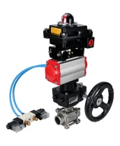Кран шаровой DN.ru BV3232P(3pc)-FP-W-ISO-H Ду25 Ру63, полнопроходной под приварку, нержавеющая сталь SS316, PTFE, с пневмоприводом PA-DA-052 двойного действия, с пневмораспределителем 4V320-08 220В, с БКВ APL-410N EX, с ручным дублером MON1-250-T26-ISO